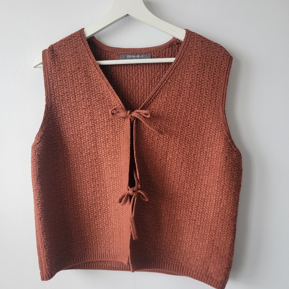 Primark women's knitted sweater vest sz‎ M tie-front closure Festival Boxy Rodeo